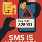 Cartoon image of a Padlock with a SIM Card icon inside and a masked burglar with the caption SMS is no longer safe