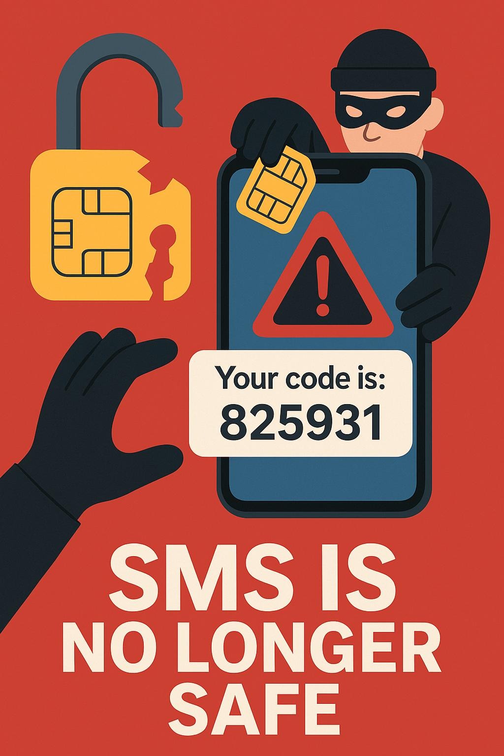 Cartoon image of a Padlock with a SIM Card icon inside and a masked burglar with the caption SMS is no longer safe
